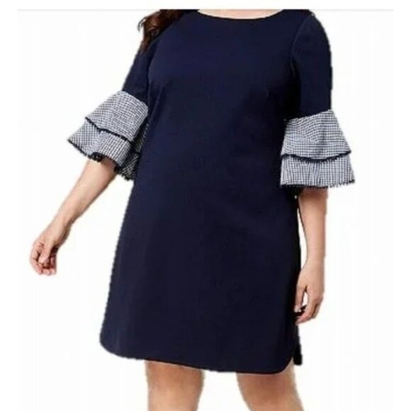 J. Howard Textured Gingham Tiered Bell Sleeve Dress Navy Size 16 - Picture 7 of 8